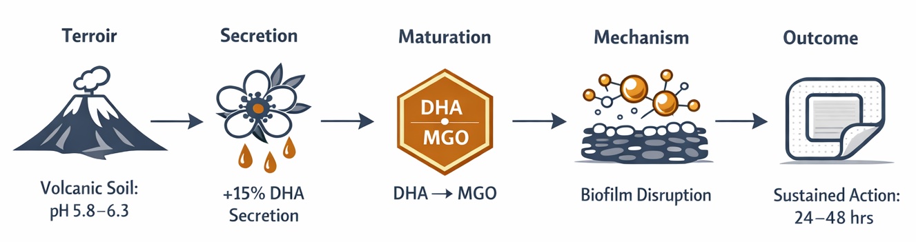 Infographic showing the five-stage pathway from volcanic soil terroir through DHA secretion and MGO maturation to biofilm disruption and sustained wound healing action over 24 to 48 hours