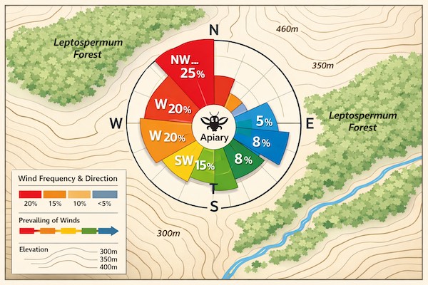Infographic showing a meteorological wind rose overlay on a topographical map of an apiary site with wind direction arrows