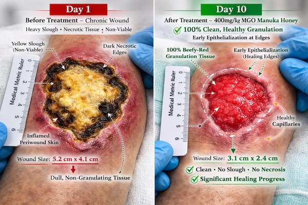 Clinical progression of autolytic debridement showing before and after comparison of chronic wound with medical-grade honey treatment