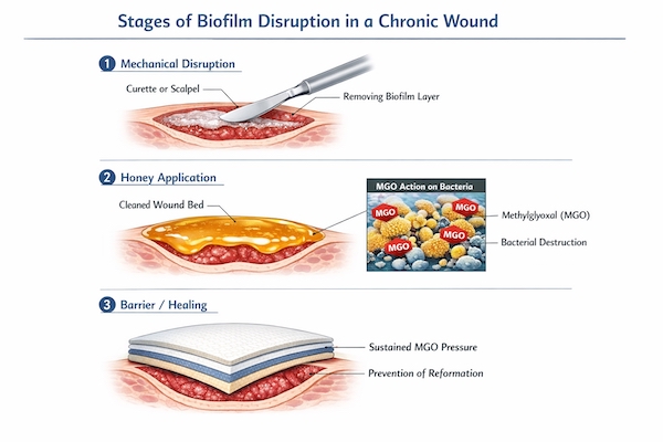 Clinical sequence showing biofilm removal through mechanical debridement followed by high-MGO honey application to prevent reformation