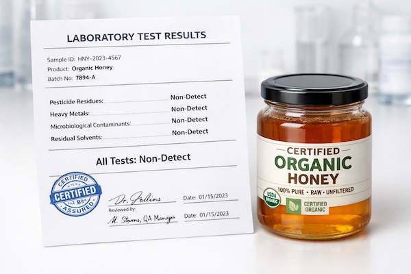Pharmaceutical quality control documentation showing certification and test results for emergency feed honey