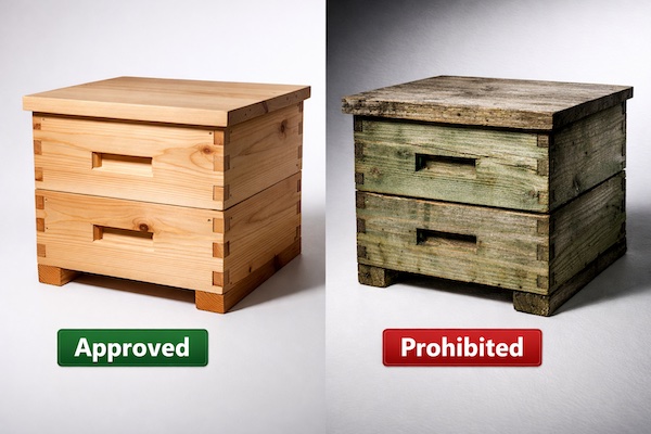 Split-screen comparison showing a pristine untreated cedar hive box versus weathered green pressure-treated lumber