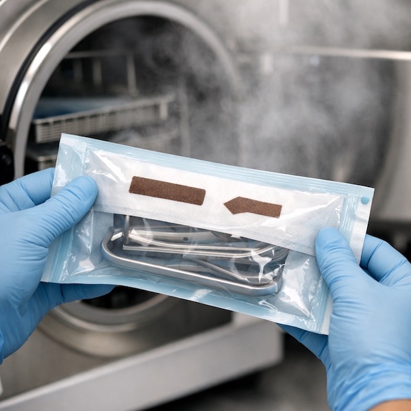 Clinical staff removing a validated sterilization pouch from a stainless steel autoclave