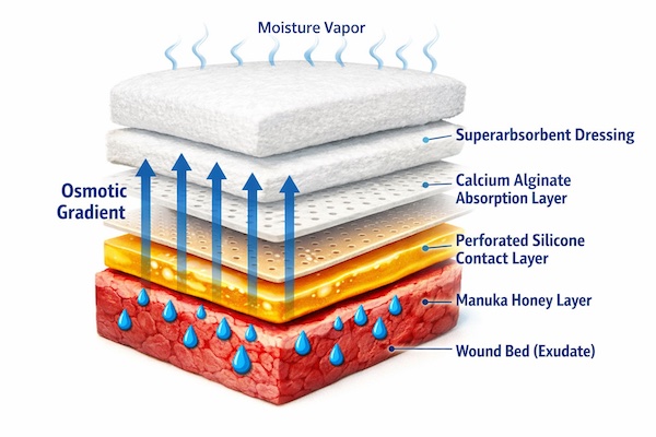 Diagram showing osmotic fluid movement from wound bed through honey layer into absorbent secondary dressing with moisture vapor transmission
