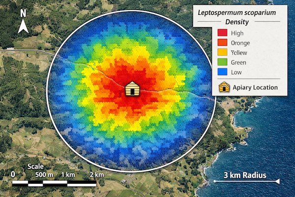 GIS heat map showing Leptospermum scoparium plant density within a 3km apiary foraging radius