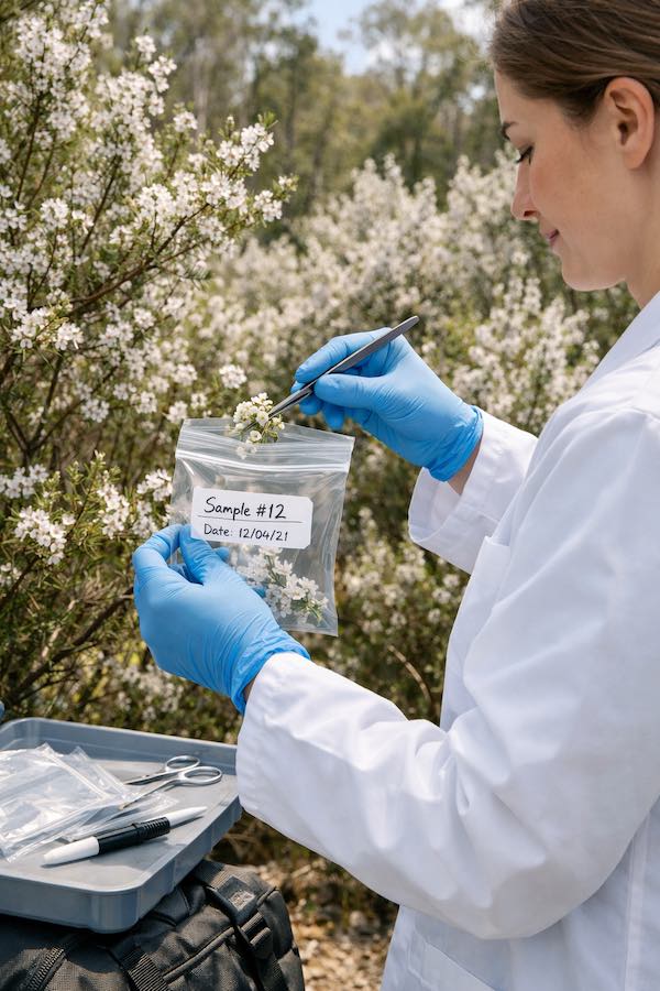 Field researcher in sterile gear collecting Leptospermum flower samples for botanical purity testing