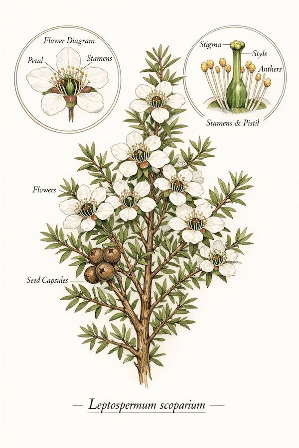 Scientific botanical illustration of Leptospermum scoparium showing white flowers and DHA-rich nectar source