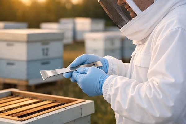 Beekeeper in organic cotton suit using sterile nitrile gloves and stainless steel tool