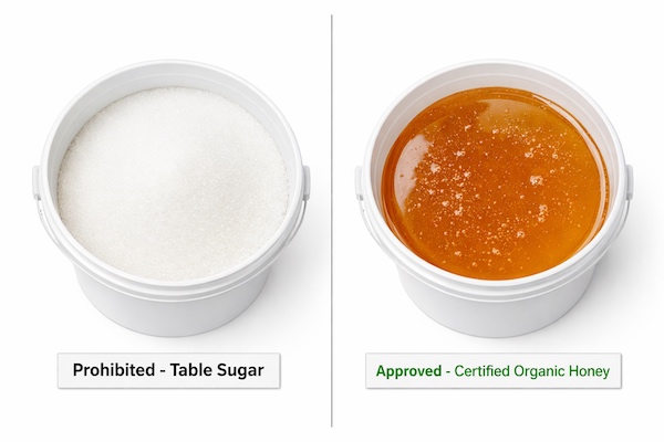 Comparison of prohibited supplemental feed vs approved certified organic honey for pharmaceutical apiary management