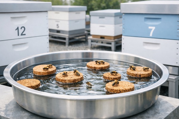 Managed honeybee water station in a pharmaceutical apiary featuring floating landing platforms to prevent drowning