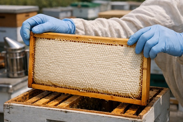 Beekeeper using nitrile gloves to carefully remove a fully-capped honey frame during a pharmaceutical harvest