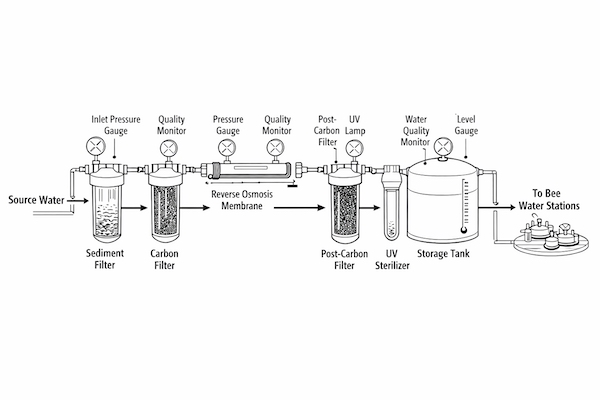 Technical engineering schematic of a multi-stage apiary water filtration system including RO and UV sterilization