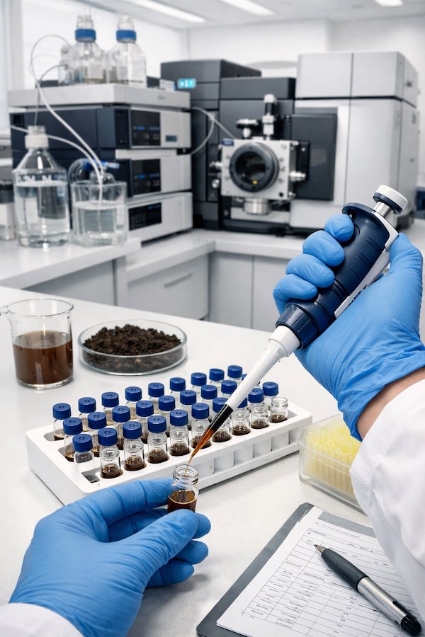 Laboratory technician using a pipette for soil and honey extract analysis with LC-MS/MS equipment