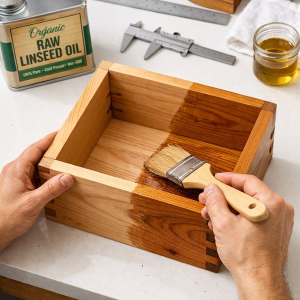 Close up of a brush applying organic raw linseed oil to a cedar hive box on a clean workbench