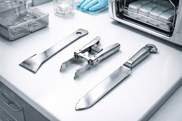 Stainless steel hive tools and uncapping knives on a sterile surface next to a clinical autoclave