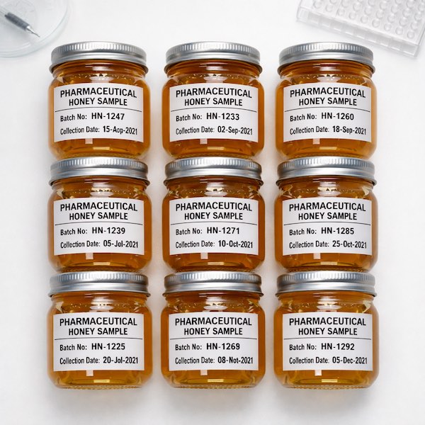 Organized laboratory honey samples in sterile glass jars for pharmaceutical quality control analysis
