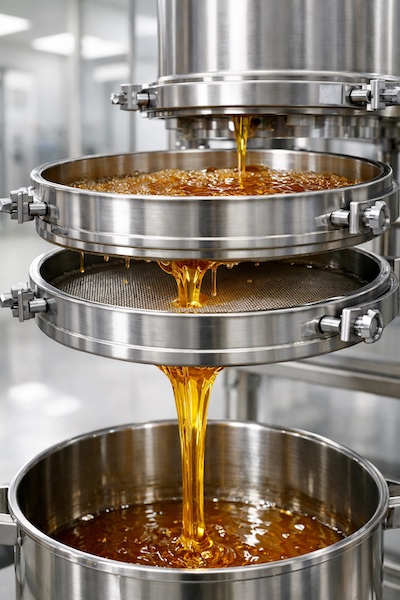 Side view of honey flowing through a two-stage gravity filtration system in a sterile pharmaceutical facility
