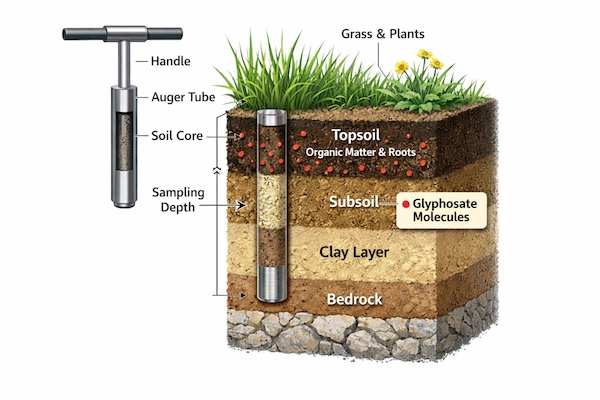 Scientific illustration of a soil core sample extraction showing herbicide concentration in soil layers