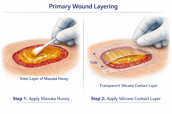 Step-by-step demonstration of honey application technique with non-adherent contact layer placement over wound bed