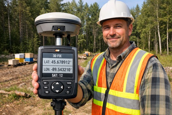A surveyor holding a professional GPS receiver unit showing decimal coordinates in a forest clearing