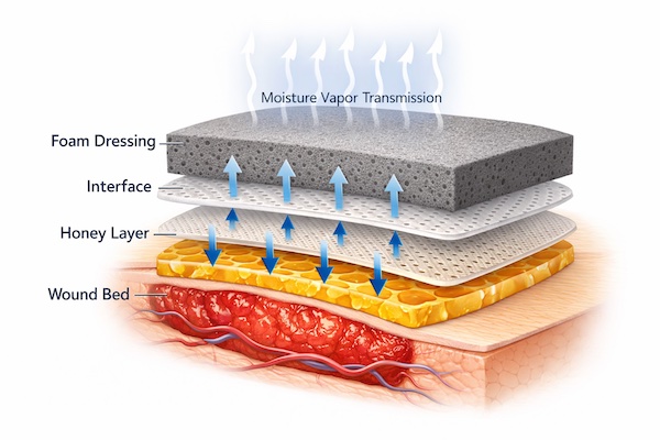 Cross-sectional diagram showing moisture vapor transmission through multi-layer wound dressing system with honey primary layer and breathable secondary foam